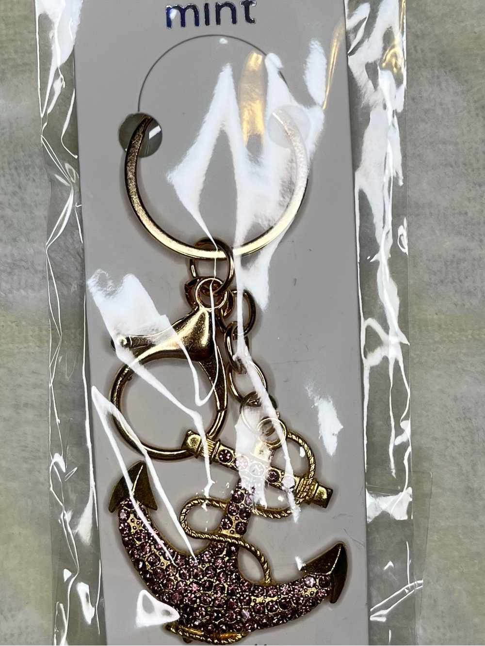 Mint Gold Keychain Bag Charm with Pink Glitter Rhinestone Anchor Charm